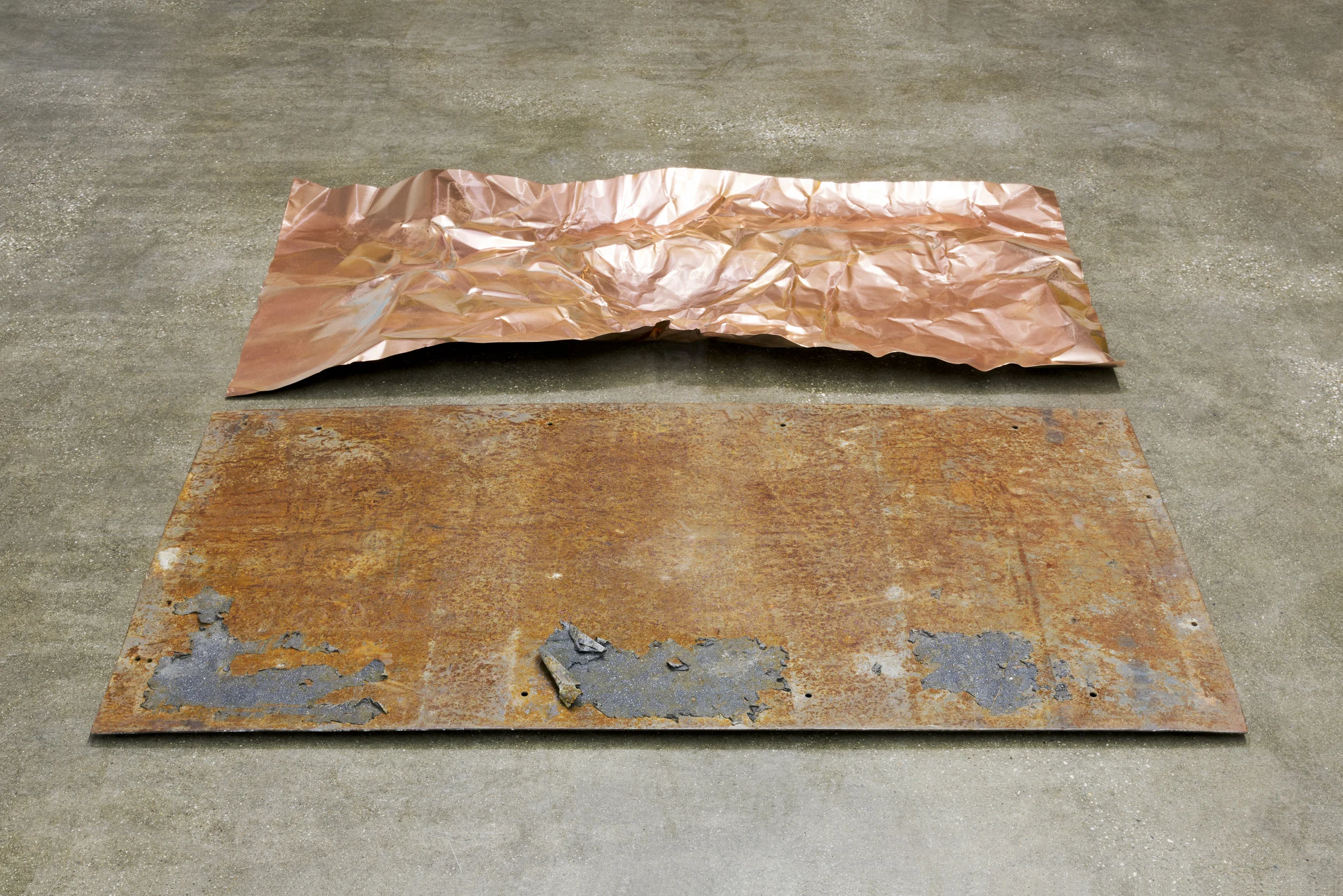 Hanging out 2018 Works in collaboration with Kristine Eudey Video, foam, plastic sheeting, radio, PVC welding curtains, slept-on copper, vinegar, found steel