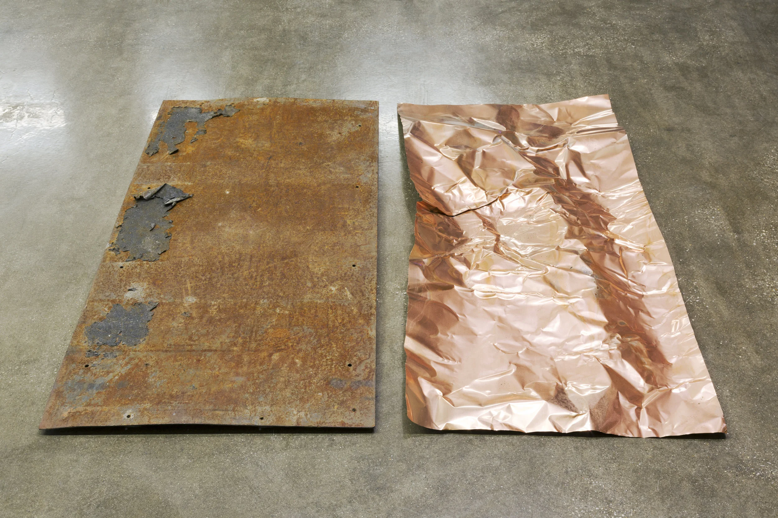 Hanging out 2018 Works in collaboration with Kristine Eudey Video, foam, plastic sheeting, radio, PVC welding curtains, slept-on copper, vinegar, found steel