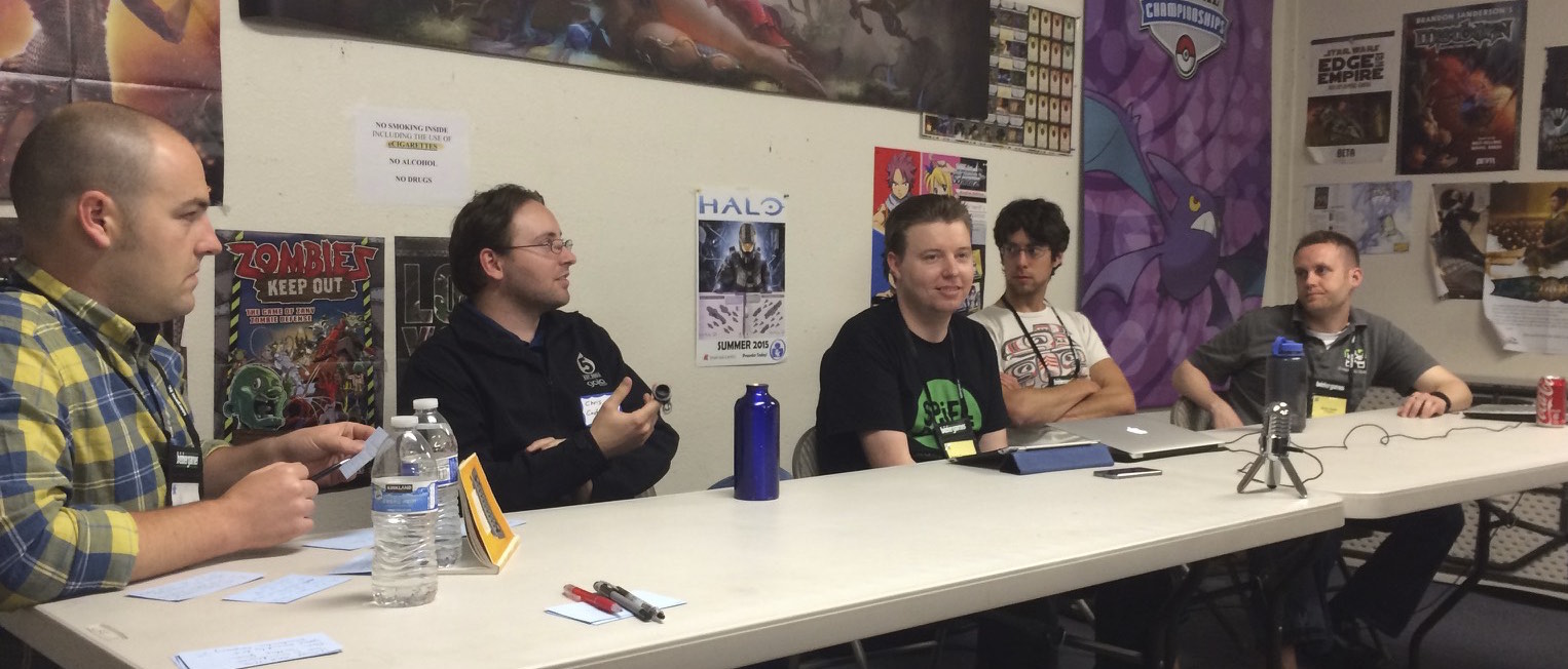 Grant Rodiek, Chris Castagnetto, Jeremy Commandeur, Teale Fristoe and Brian Henk on the Everything but Kickstarter Panel. Photo by Joe Aizawa