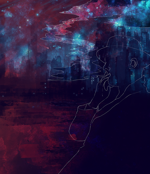 What we liked about Fuenmayor's portfolio were her delirious abstract concepts. After reading extracts from the book, she sent us her first concept sketch. You can see how the atmosphere and colours were there right from the start. 