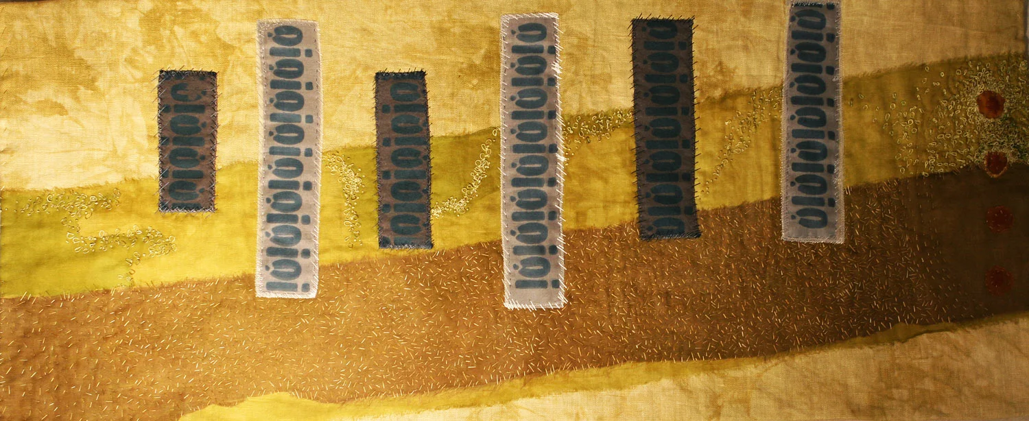 TImeline - 35"x14" July 2014 Hand-dyed silk and linen collage, hand-stitched with hand-dyed silk thread