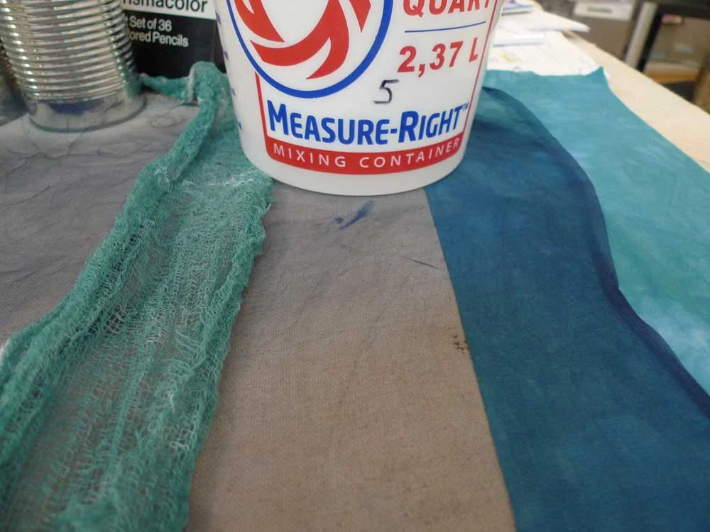 Dharma 23 Cerulean Blue & G&K 2215 Rust Orange: 1/2 cup of each color of dye stock (1 cup total), 2 cup soda stock, 2 cup water (1 hour soak) - various silk, cotton, linen