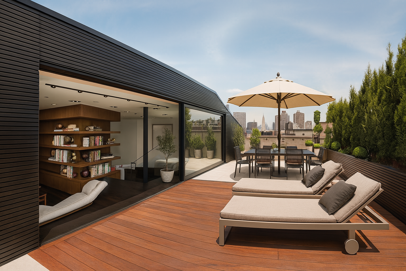 Soho rooftop terrace with wooden deck, chez lounge chairs, blurred access between inside and out, and a breathe-taking view of the NYC skyline.