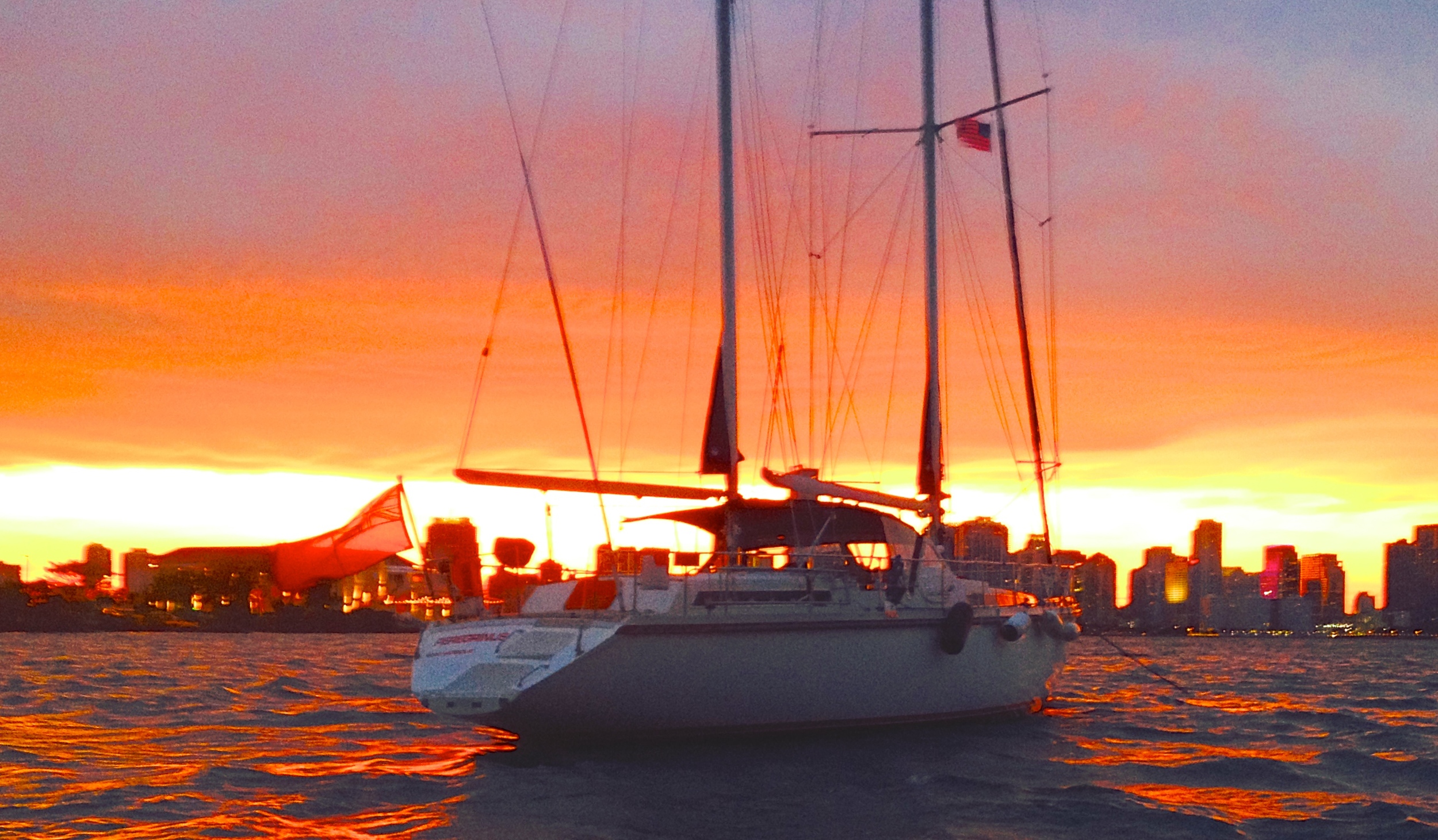 Peregrinus at anchor, Biscayne Bay, Miami, 8:13 PM, 16 May 2014. iPhone 4S, ISO 125, 1/20"
