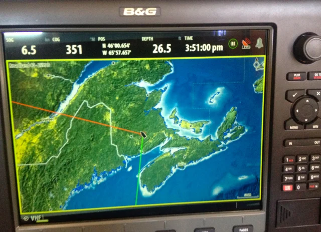 7 September 2014: Peregrinus on a port tack approaching Newcastle, three-and-half miles west of the mouth of the Salmon. The black dot to the left of the boat icon is Fredericton, and the dot below it is Saint John. The water on the right half of the map is the Gulf of Saint Lawrence, whose north shore we explored last year.