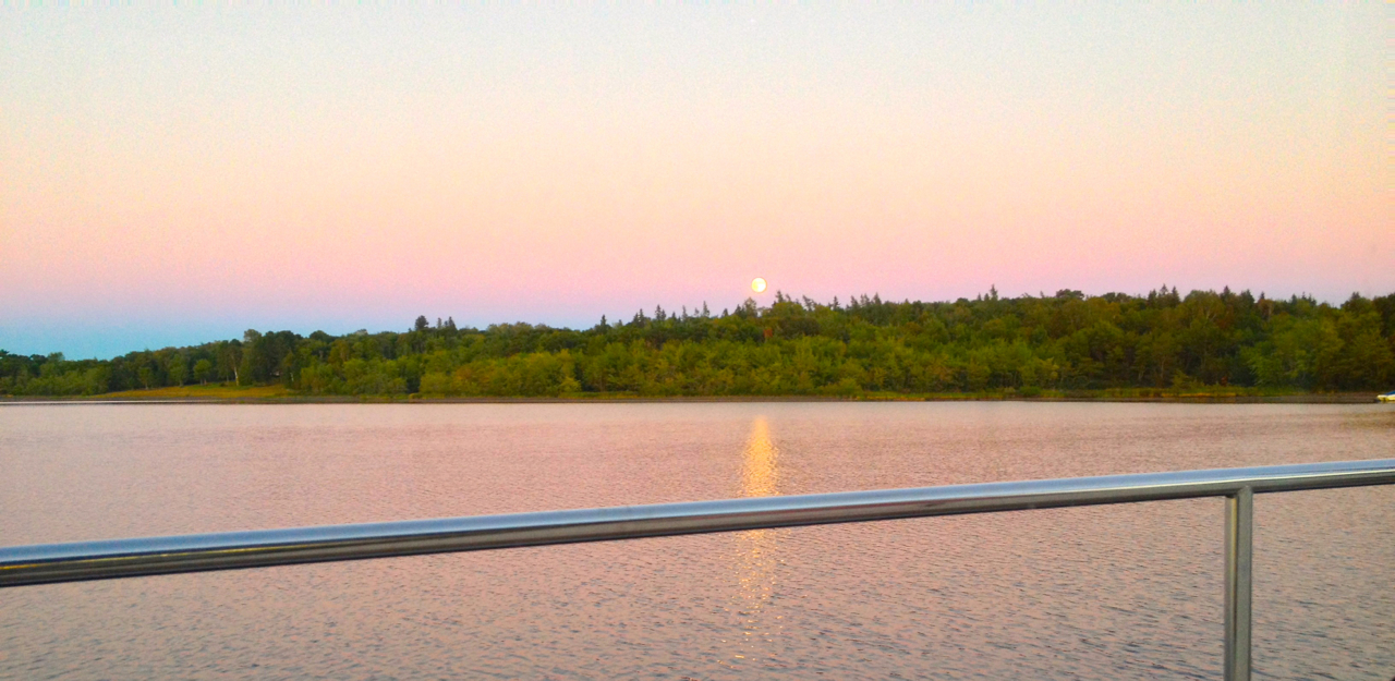 Purple moonrise in the Northeast Arm, Grand Lake, Saint John River. 7:56PM, 8 September 2014, iPhone 4S, 1/24."
