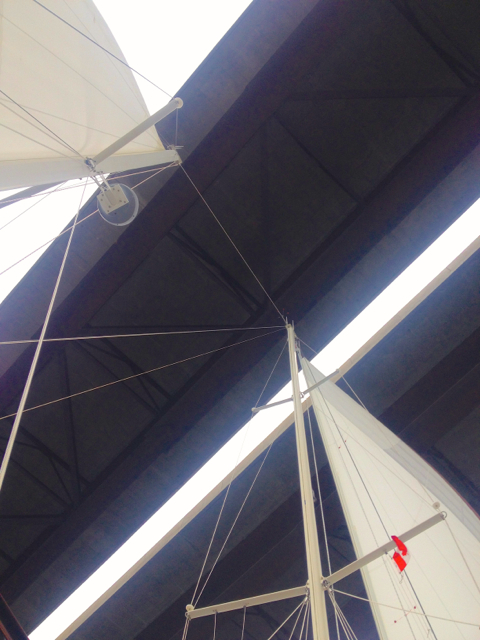 Peregrinus broad reaching under genoa and mizzen sails. Canadian courtesy flag on the right spreader.