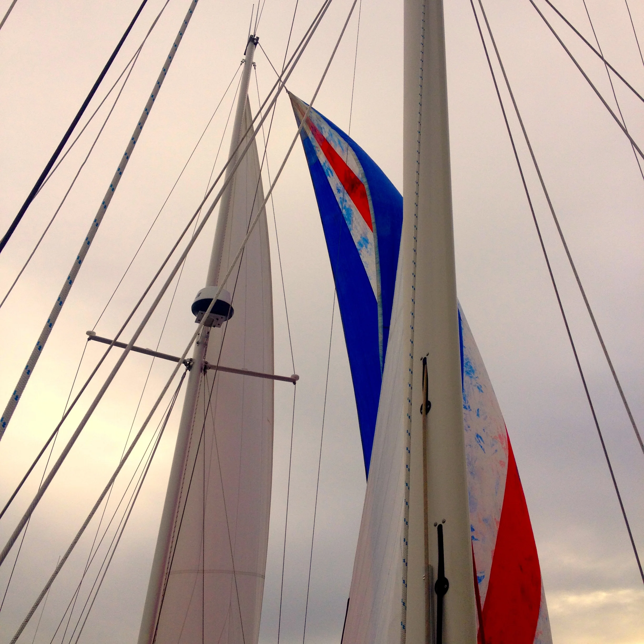 This sail is quite uncommon. It can only be used when the wind blows from 80° to about 170°, i.e. the wind flows from about perpendicularly to almost from behind in relation to the direction of travel of Peregrinus . Also, winds should not exceed 15 miles per hour. We had a sailboat under power come and circle us completely as we sailed East under four sails yesterday in Long Island Sound. Guess they wanted to have a peek. Unlike our other sails, which are new this year, this one is vintage 2002. The colors have bled.