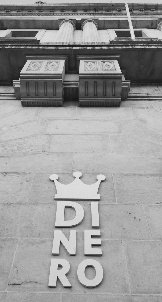 Prominent metal sign right next to the main entrance of the massive 1925 Banco de España building in Santander. Denarius was the old 10 —" deni ", or 'in tens'— Roman coin first issued by the Republic in 211 BC and last issued under Diocletian in 275 AD; reissued by Eastern Roman Empire as the Denarius Auri; such long use ended up meaning "money" in the Med: Spanish dinero , Poruguese dinheiro , and Arab dinar . 7 September, iPhone 6 Plus.