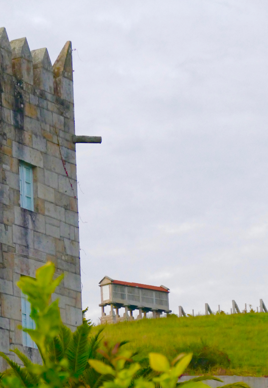 Peregrinus has been docked at Villanova de Arousa for a week, waiting for a weather window to sail on South to Portugal. In the meantime, we rented a car and explored the Rias Baixas, Santiago de Compostela, Pontevedra, and Vigo. The crenellations on the tower at Pazo (palace) Baion are only 100 years old, added by the nouveau riche Galician guy who went to Argentina, got fabulously rich, and bought the Pazo from the counts who built it before Columbus found the New World. Leica Typ 114, 9 October 2014.