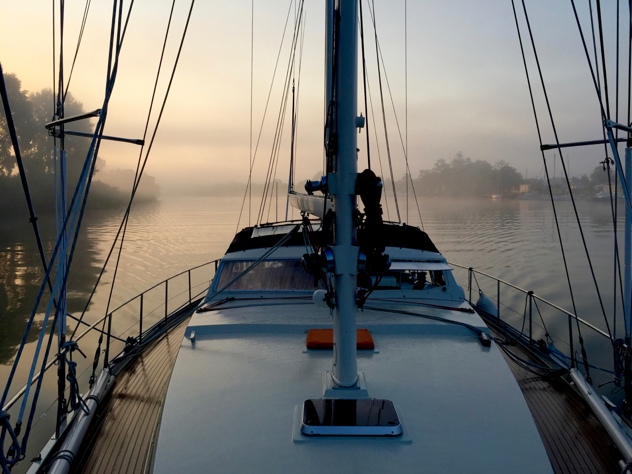 Sunrise in the Arno. A sailboat can only enter the river on a calm day. The only difficult spot for a 2.2-metre-draught boat is right at the entrance; the river itself is significantly deeper. The Arno rises and lowers seasonally with the rains, and so one should call ahead. Any sailors are welcome to enquire with us for additional information and contacts. iPhone 6 Plus, 6:42 AM 27 July 2016.