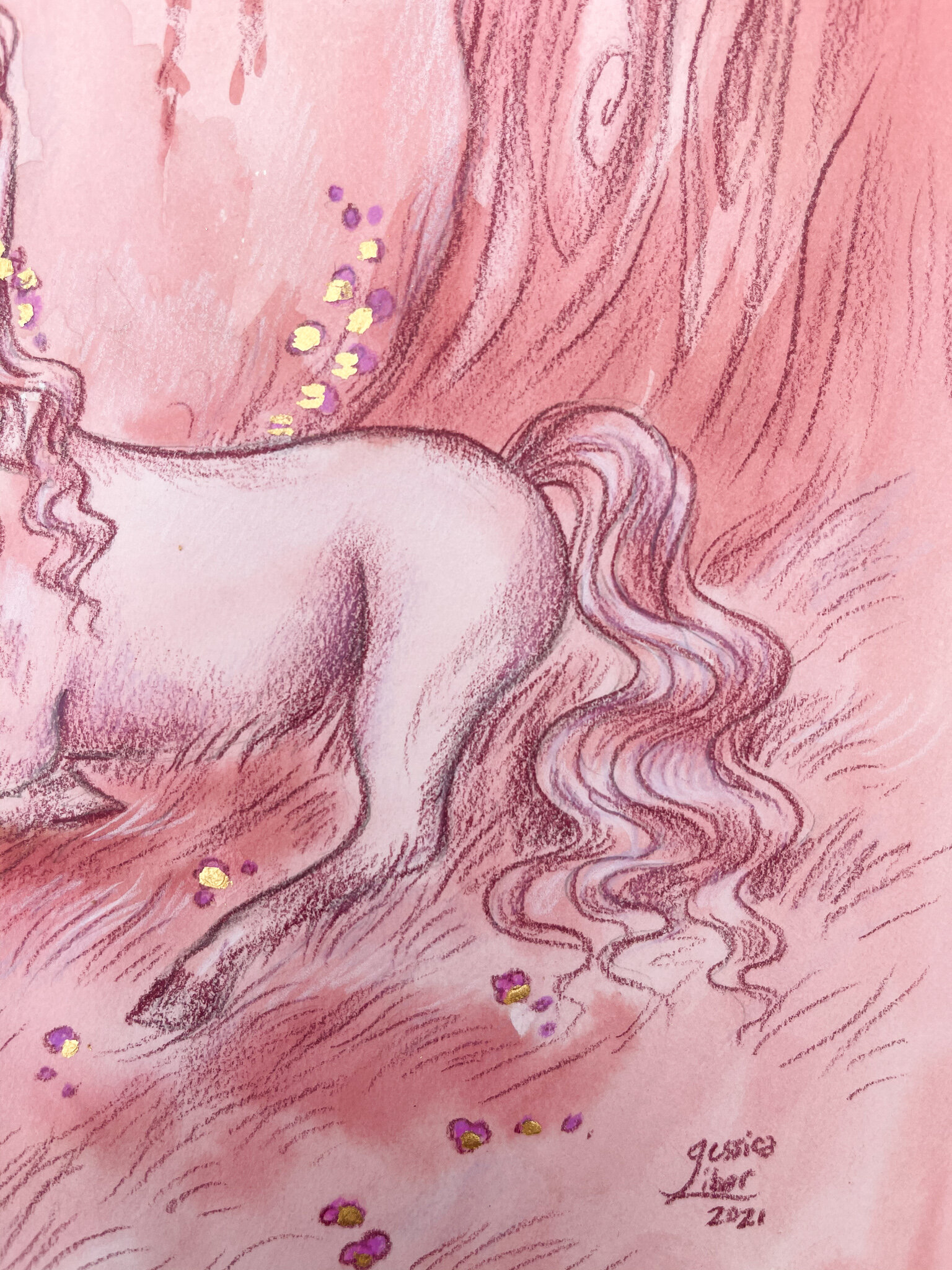 Centauress 2, detail 3, ink, colored pencil and 23 k gold leaf on paper, 11x14_, Jessica Libor 2021.jpg