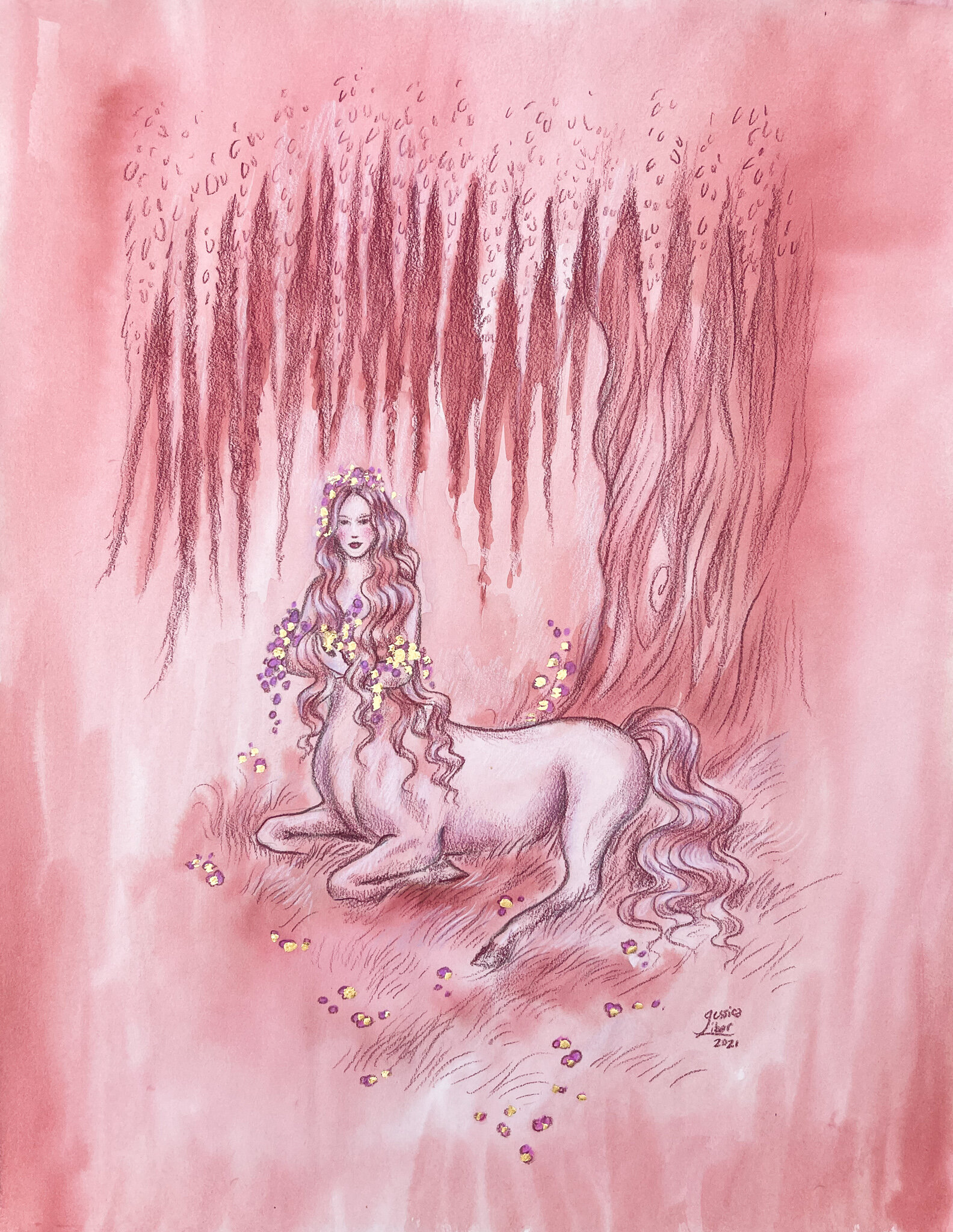 Centauress 2, ink, colored pencil and 23 k gold leaf on paper, 11x14_, Jessica Libor 2021.jpg