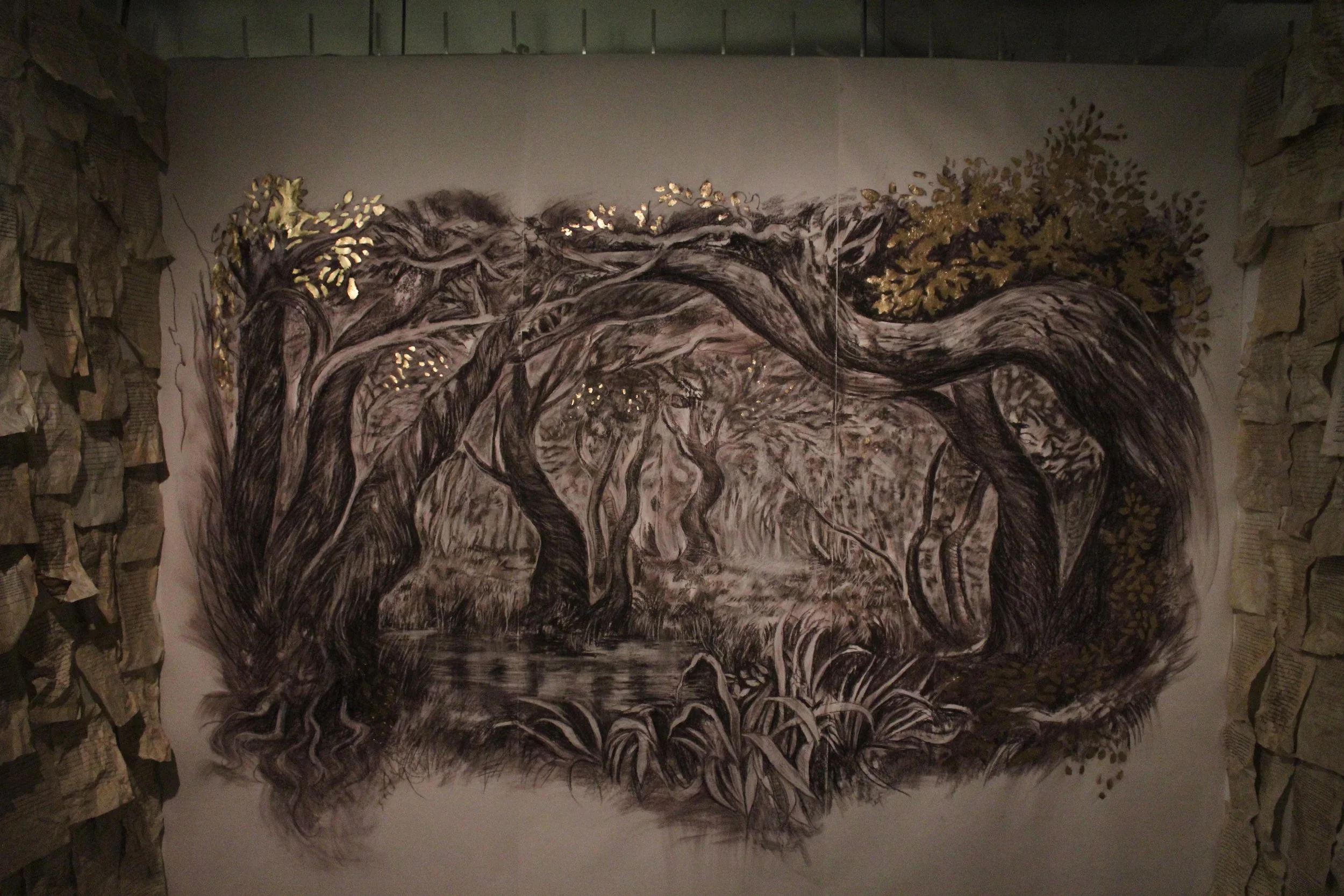 Tender Missive (detail of installation), 10ft by 8ft, pastel & gold leaf, inquire