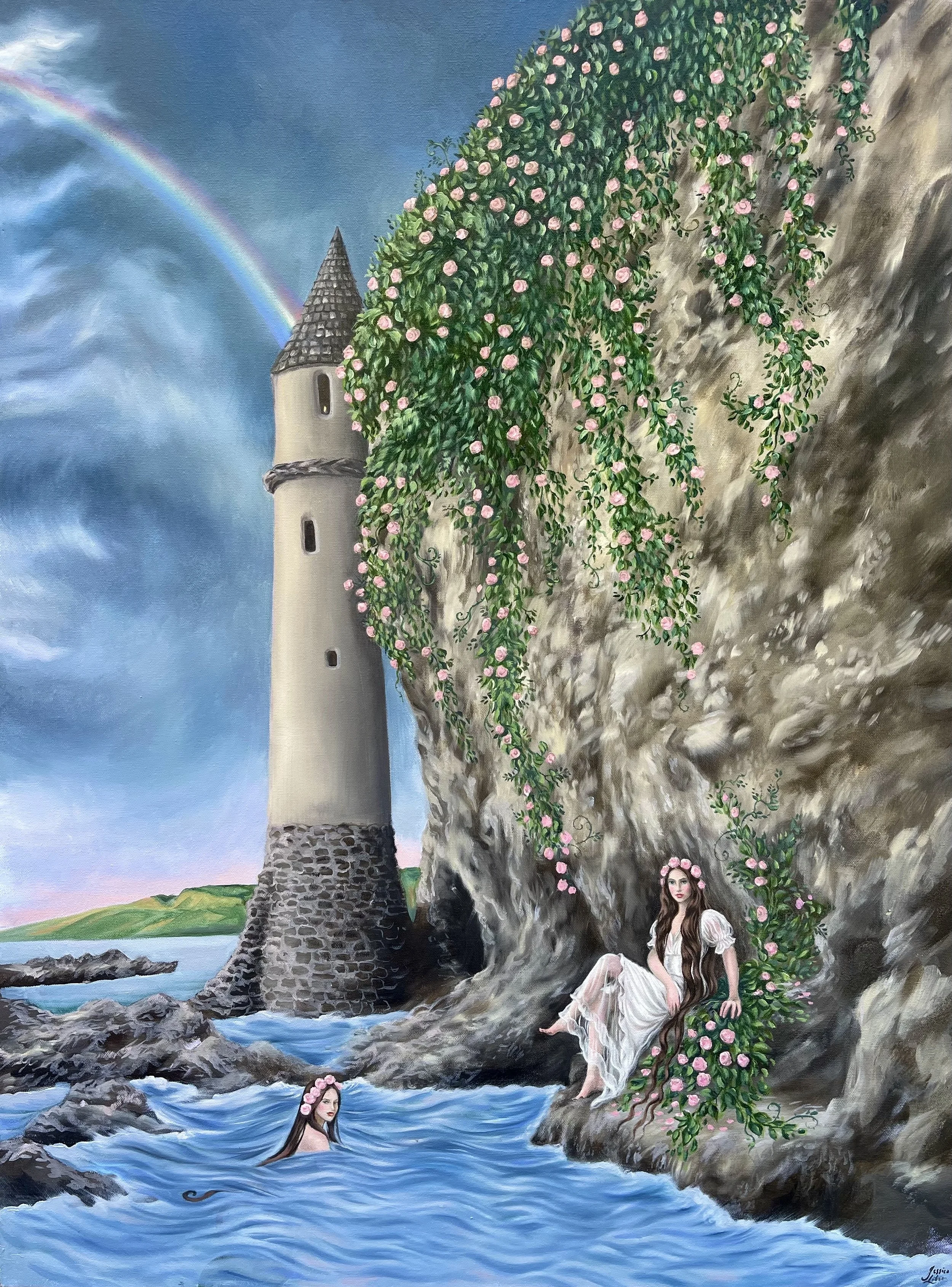  Siren Cove at Pirate’s Tower, oil on canvas, 24 × 36” 