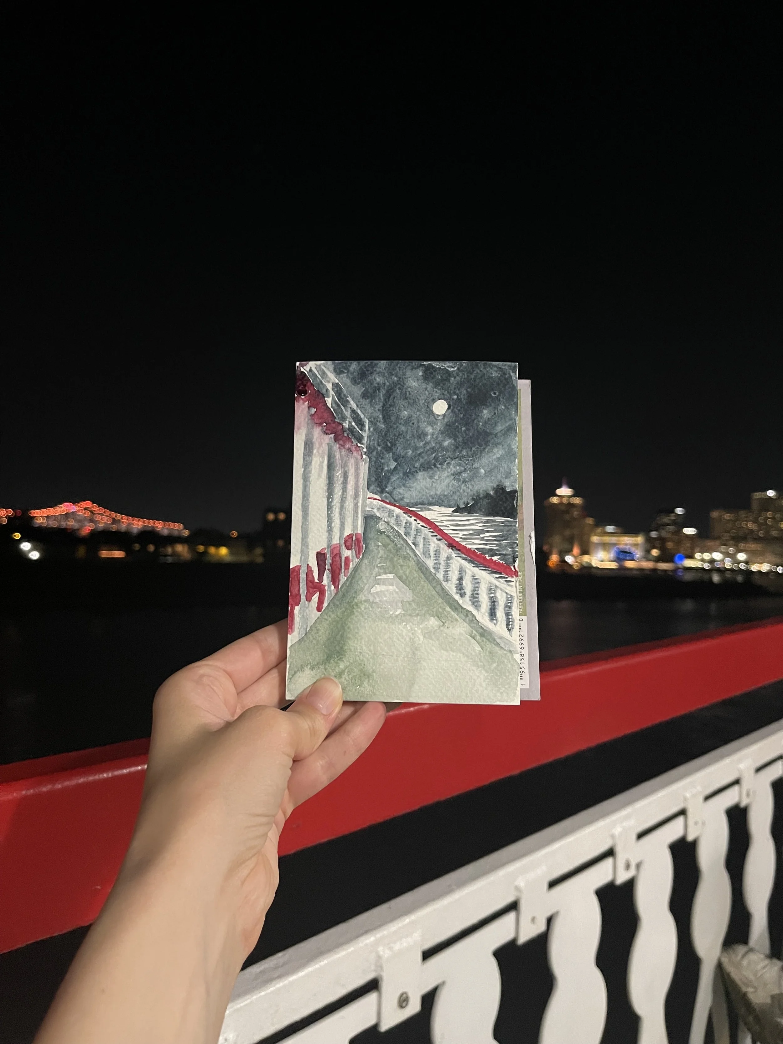 6 strada steamboat, Moonlight on the Missisipi, watercolor on paper, 4x6, by Jessica Libor 2025.jpg