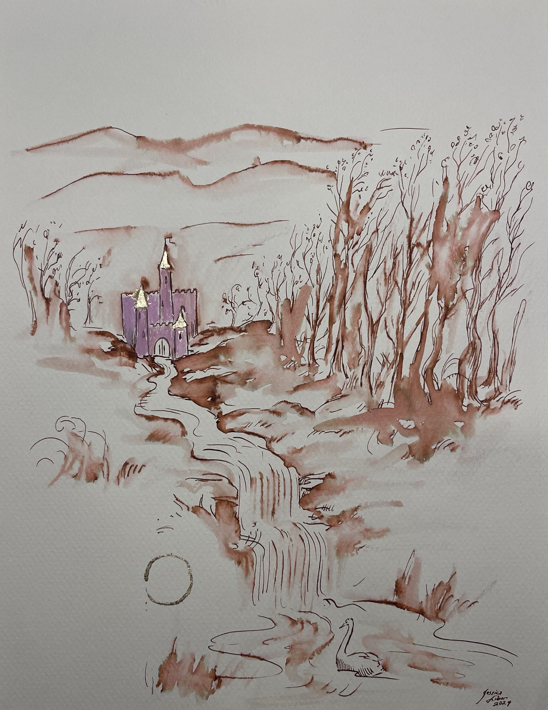 Castle, waterfall, swan, infinity, ink, watercolor and gold leaf on paper, 8.5 x 11%22, by Jessica Libor 2024.jpg
