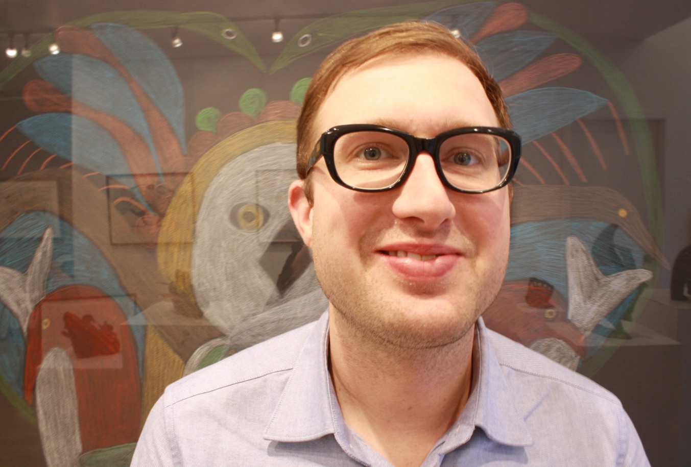 Madrona Gallery, Michael Warren in front of a Mayoreak Ashoona's drawing, November 2014