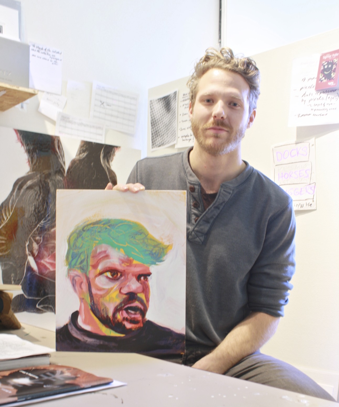 Nic Vandergugten with portrait of Cameron Kidd, Feb 2015