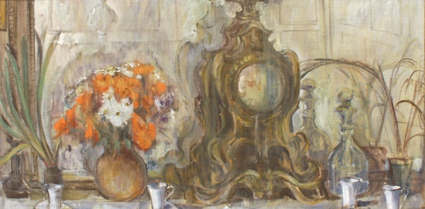 Joseph Plaskett, The White Cups on the Mantlepiece, 15 x 31, Oil on Canvas