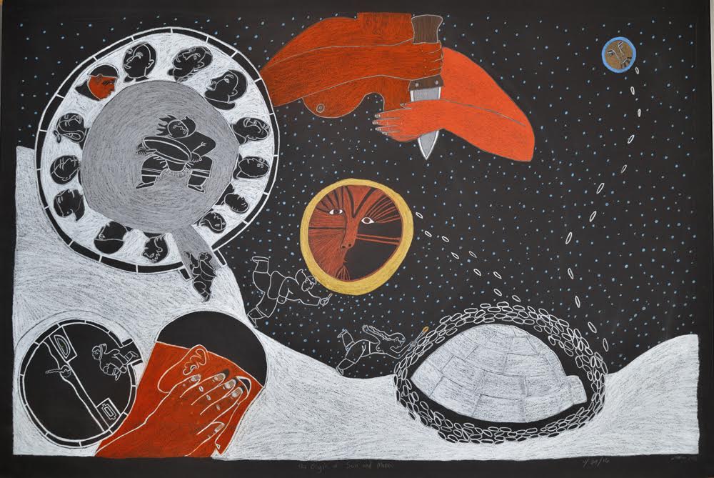 The Origin of the sun and moon. 30 x 44 Inches. Coloured Pencil on BLack Paper