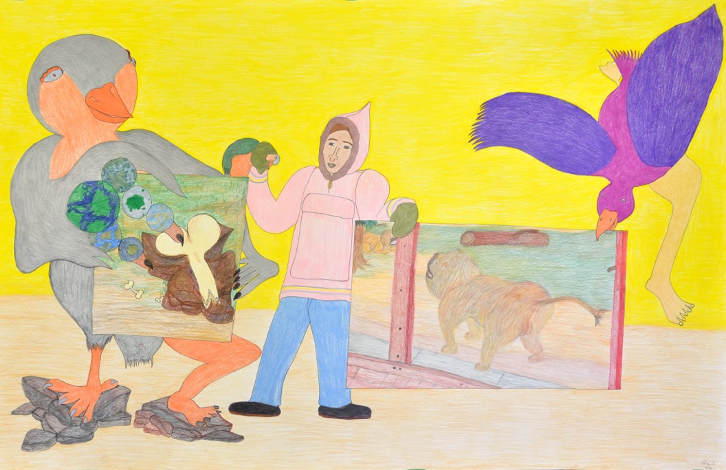 Untitled (Bird / Man holding Drawings.) 33.5 x 50 Pencil Crayon and Ink $ 5450 #148-2074