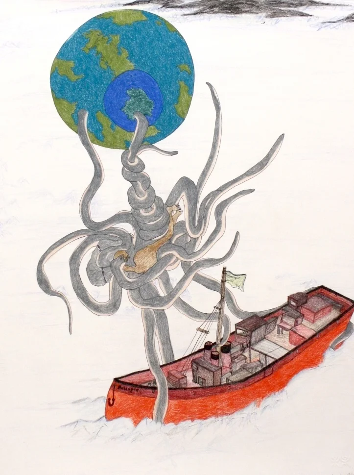 Untitled (World, Squid and Nascopie) 23 x 30 Pencil Crayon and Ink SOLD #148-2094