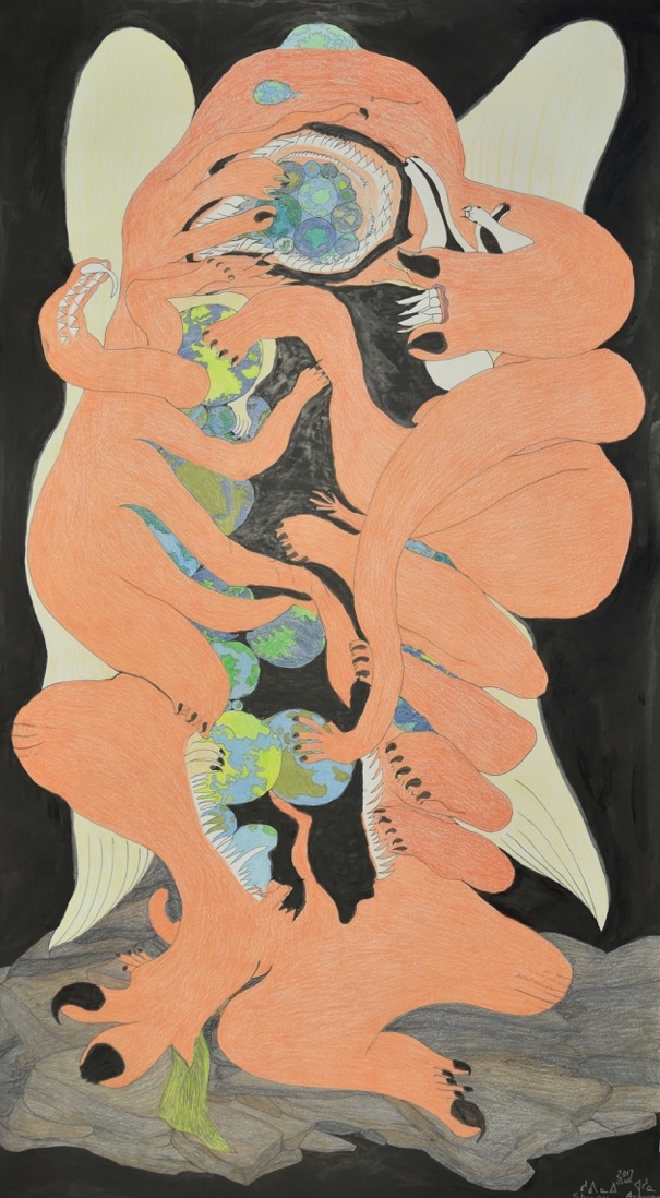 Untitled (Consuming Planets, Angel Wings) 50 x 29 Pencil Crayon and Ink SOLD #148-2070