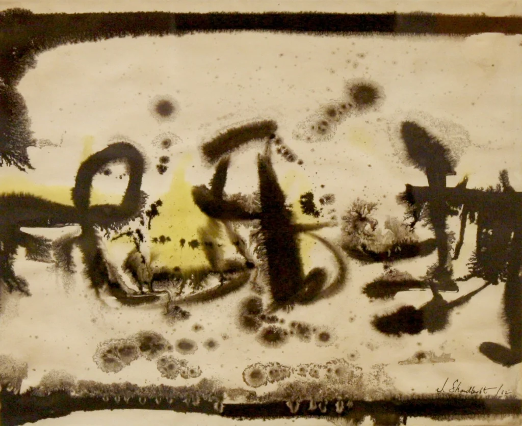 Jack Shadbolt Untitled, (Calligraphy with Yellow) 1962 14 x 17 Ink, Watercolor on Paper