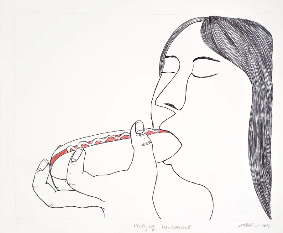  151 - 1255 Ningiukulu Teevee  Nirijuq Haataamik (Hot Dog) 10 x 12 Graphite, Colour Pencil and Ink  