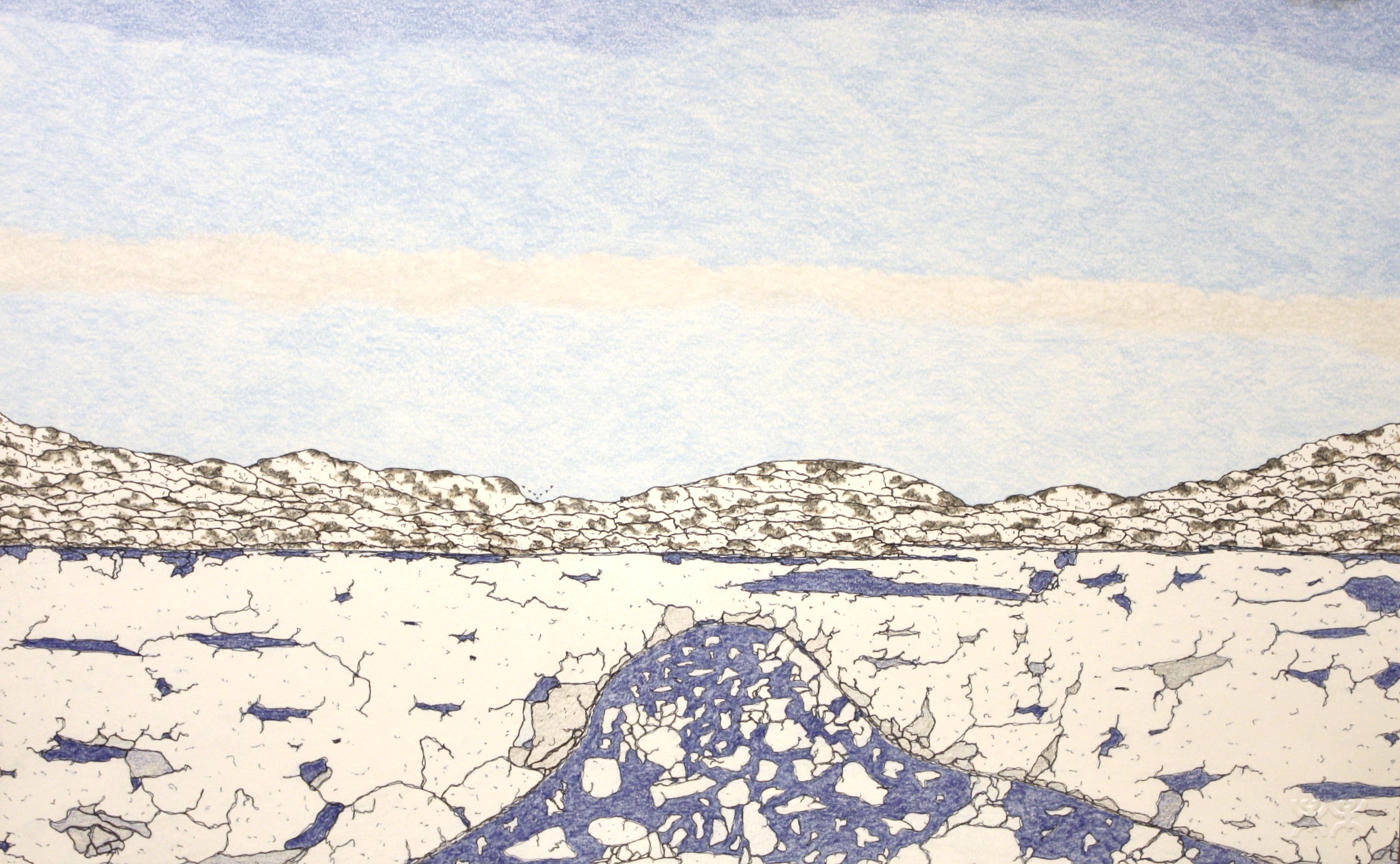 Nicotye Samayualie "On a Plane" On our way to Cape Dorset coming from Iqaluit Coloured Pencil on Paper 15x23 SOLD # 191 - 0588