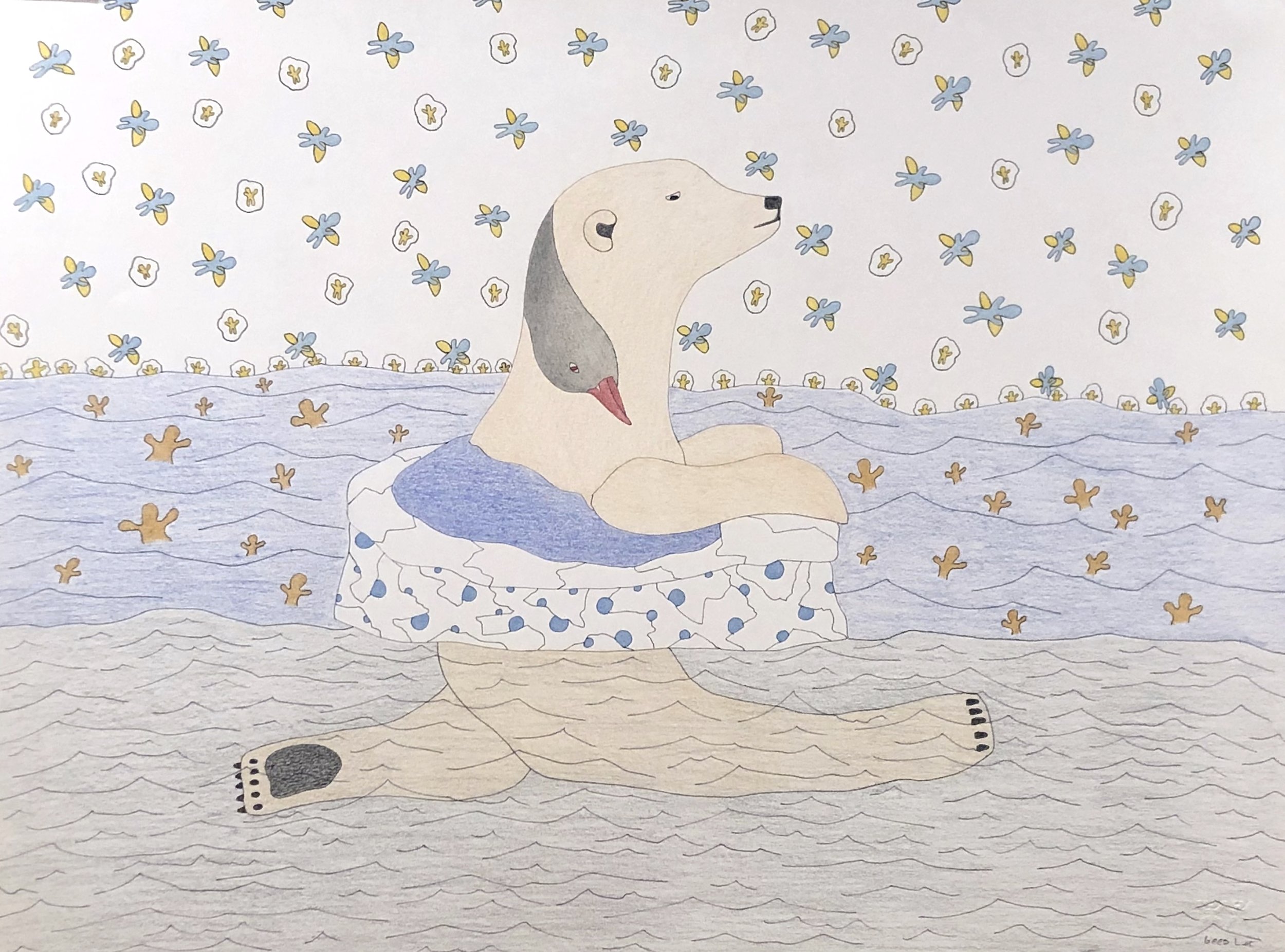 Qavavau Manumie Untitled - Polar Bear Ice Float 23x30 Coloured Pencil and Ink on Paper $1525 # 072-2641