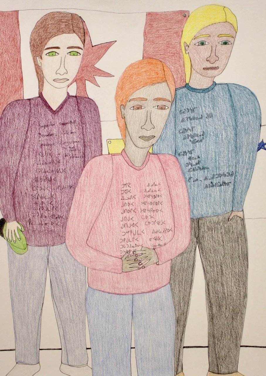 Shuvinai Ashoona Untiled (Three Women In Front of a Flag) 30 x 23 Pencil Crayon and Ink SOLD #148 - 2159