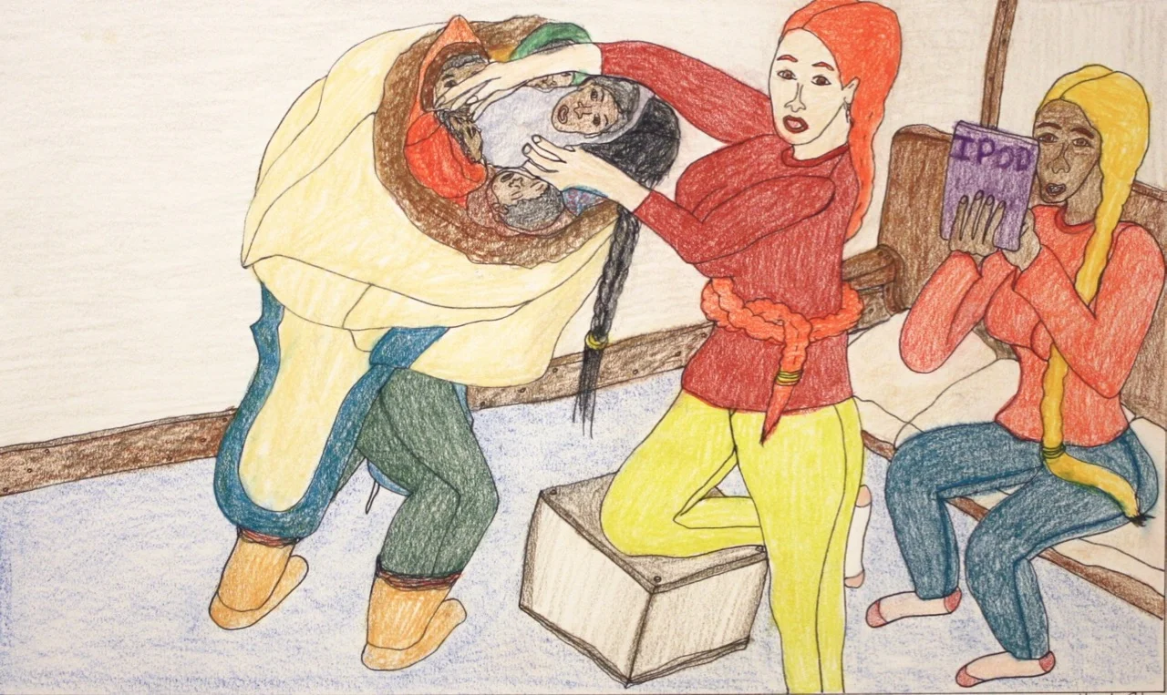 Shuvinai Ashoona Untitled (Women with babies and ipad) Pencil Crayon and Ink 15 x 23 SOLD 148 - 2163