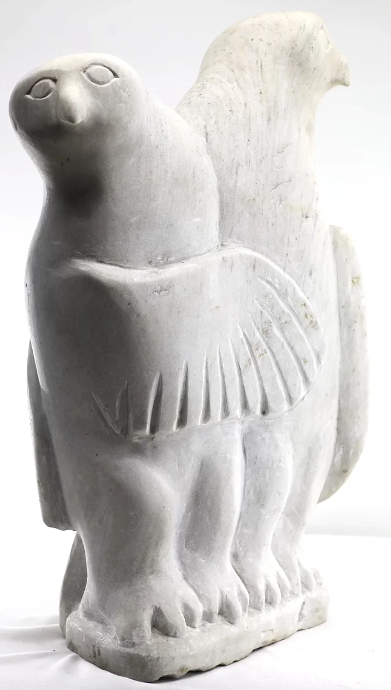  Enook Manomie Iqaluit Owl Pair 22.6 x 13.4 x 6.7 Inches Marble c. 1960 SOLD 