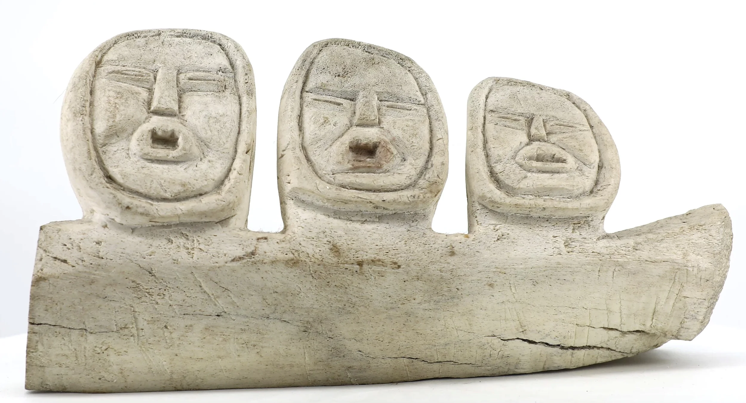  Unidentified Artist Three Heads on a Bone 7.5 x 14.4 x 3.9 Inches Whalebone c. 1975 