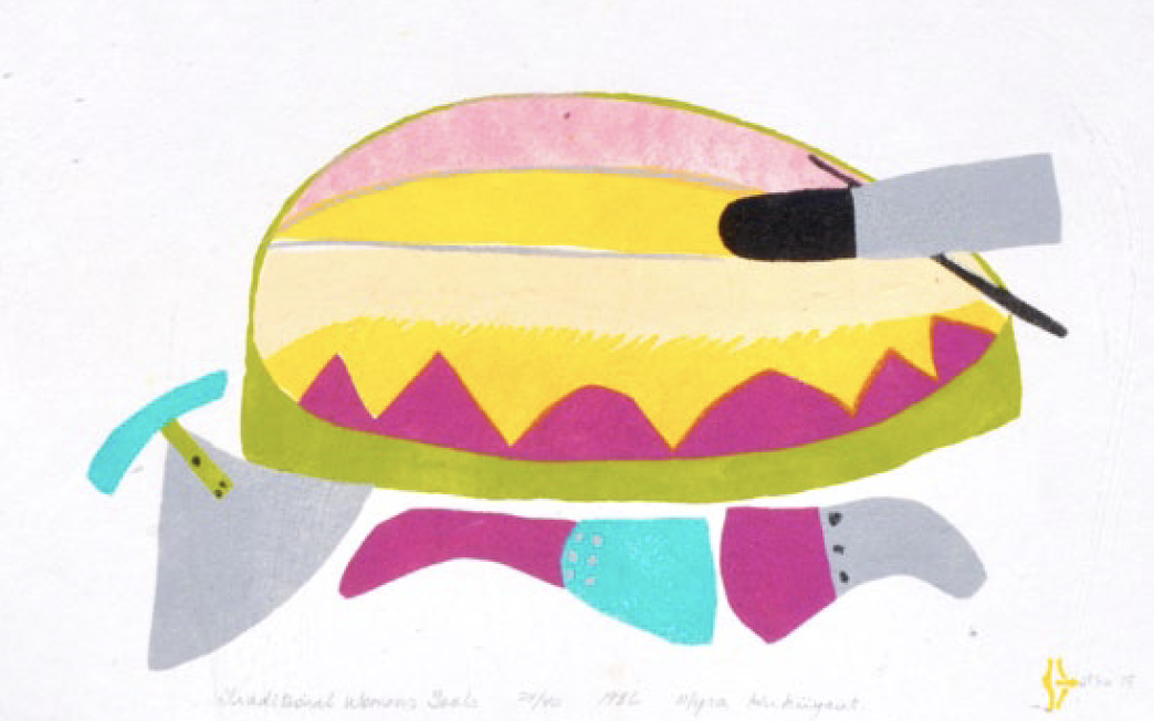  Myra Kukiiyaut Baker Lake Traditional Women’s Tools 11 x 16.9 Inches Stonecut 24/40 1986 SOLD 