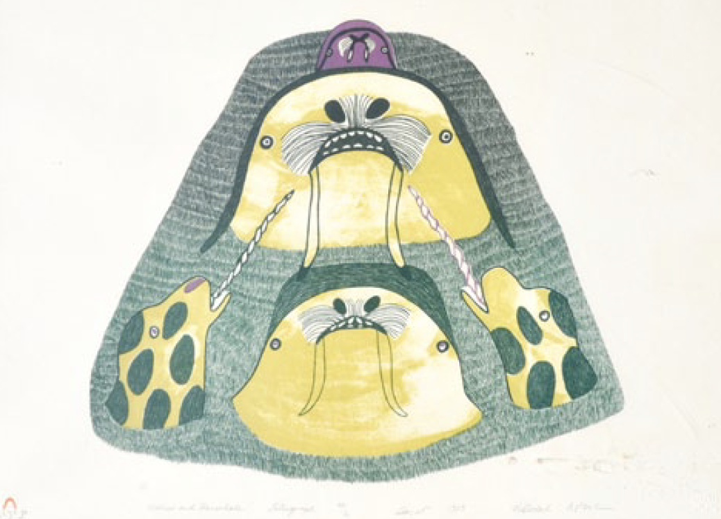  Pitsiulak Ashoona Cape Dorset Walrus and Narwhal 20 x 26 Inches Lithograph 23/50 1983 