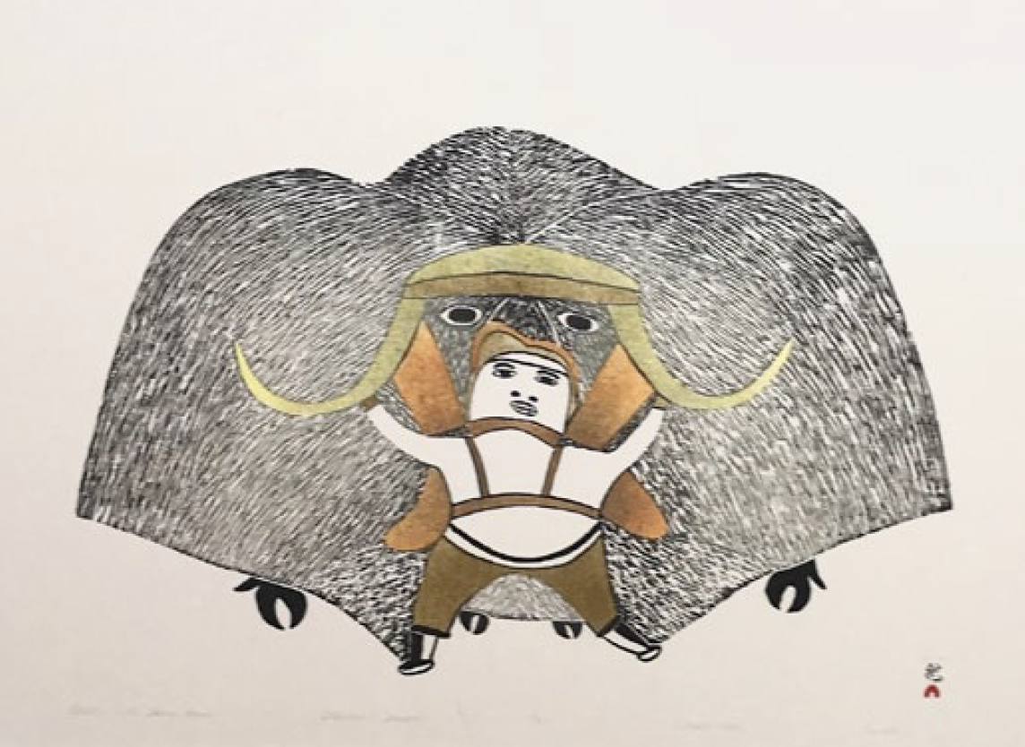 Pudlo Pudlat Cape Dorset Hunter with a Heavy Load 40 x 31 Inches Stonecut &amp; Stencil 1984 SOLD 
