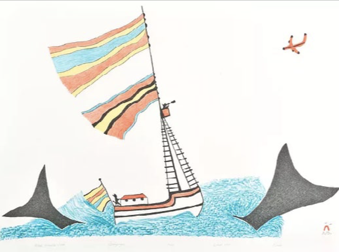  Pudlo Pudlat Cape Dorset Whale Hunter’s Boat 20 x 26.1 Inches Coloured Pencil, Black Lithograph 1986 