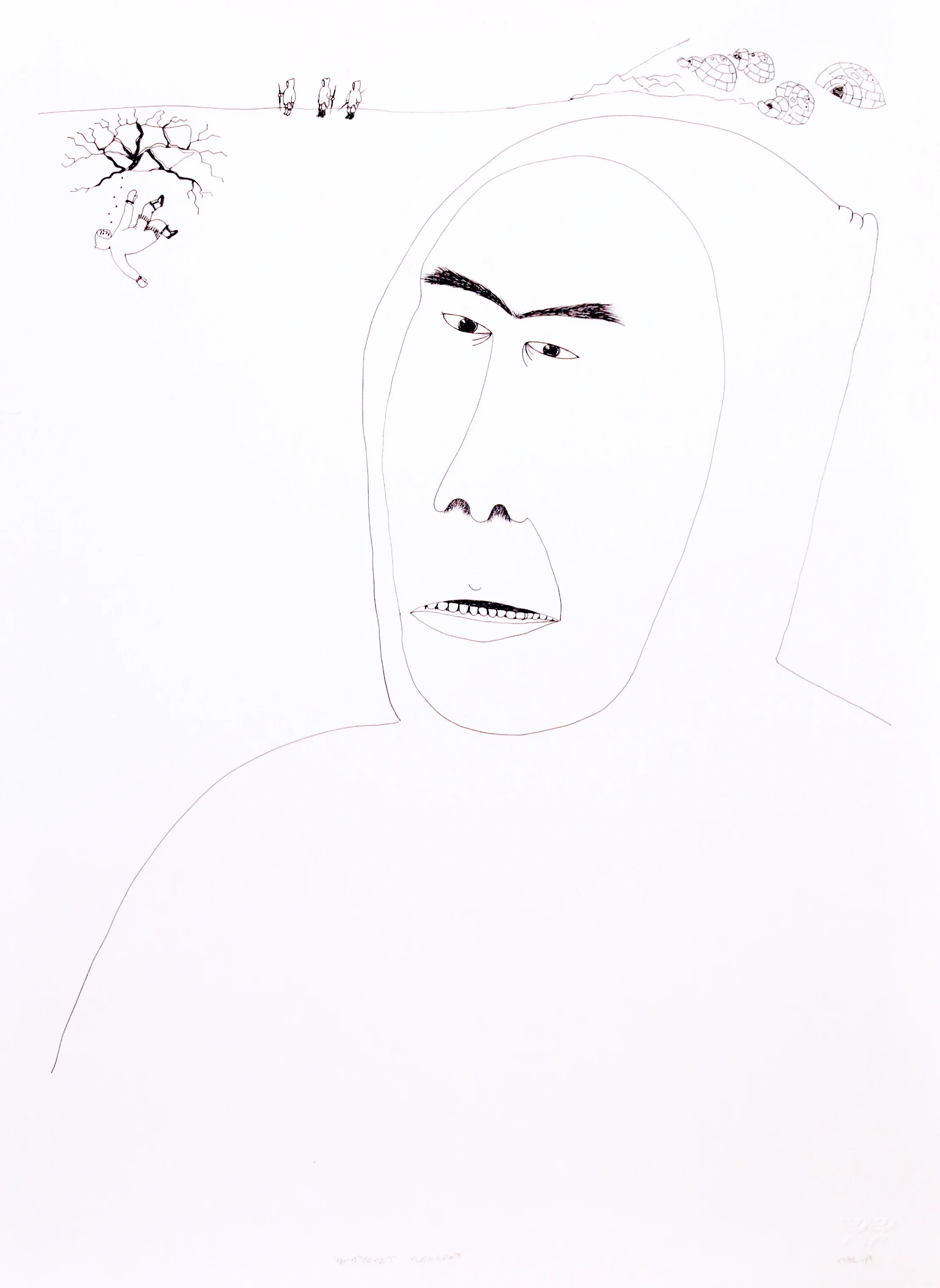 Ningiukulu Teevee Untitled ( Hunter Falling through Ice) 30 x 22 Ink on Paper $ 1990 151-1333
