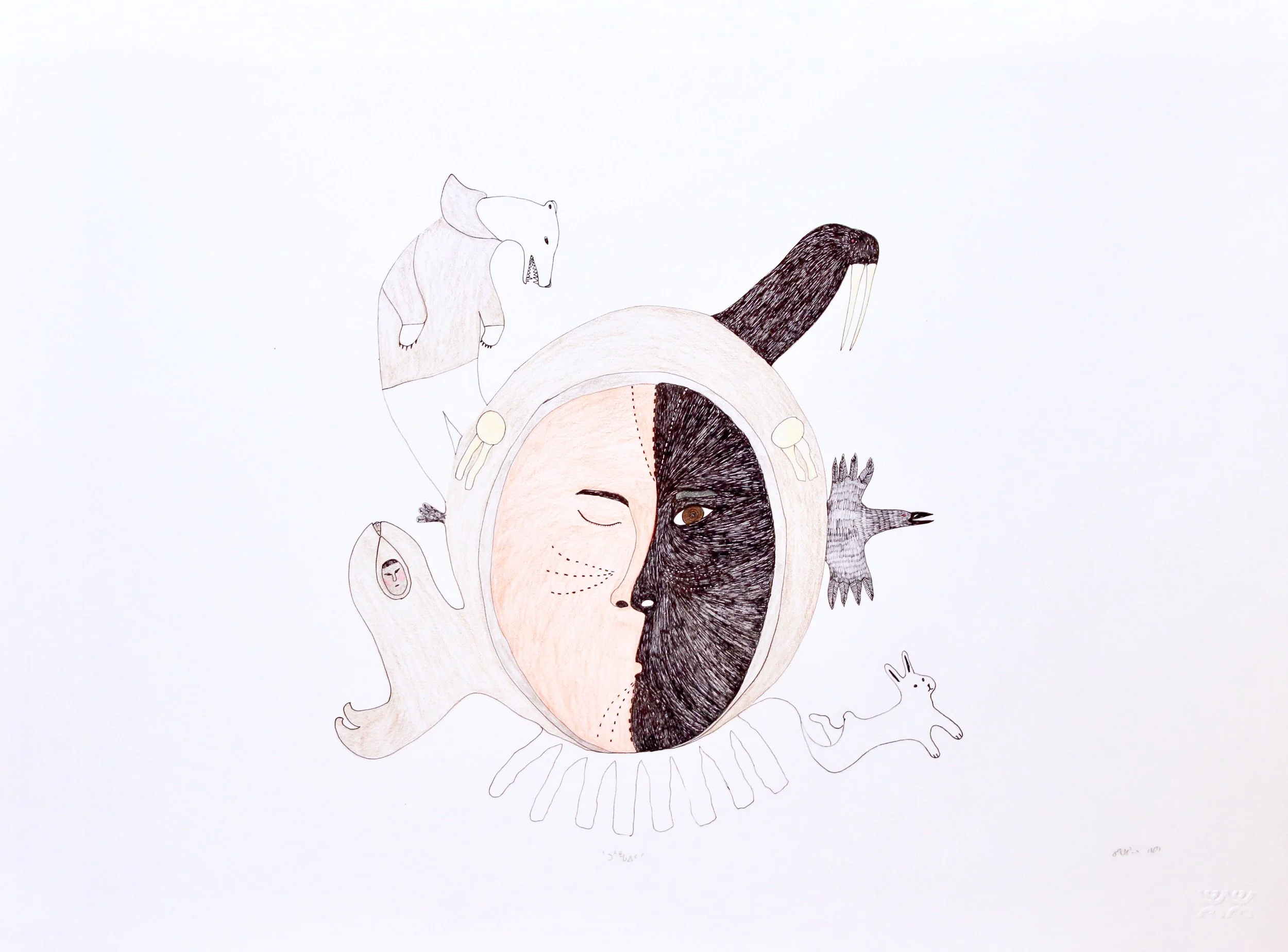 Ningiukulu Teevee Untitled (Face Surrounded by Animals) 22 x 30 Coloured Pencil and Ink on Paper $ 2050 151-1340