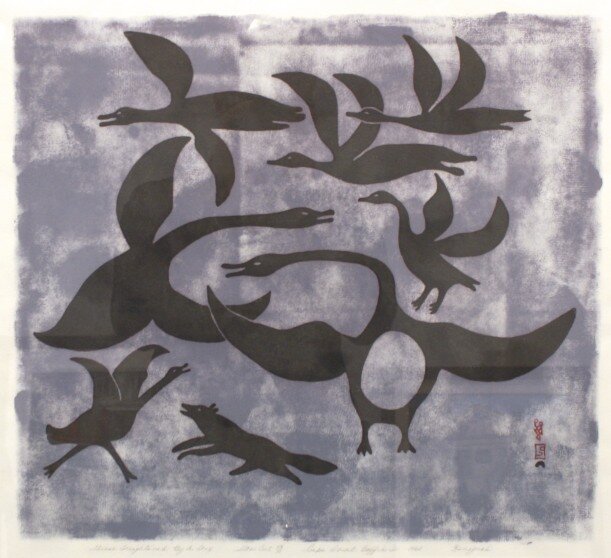 Geese Frightened by a Fox 22 x 20 Stonecut 1960 SOLD