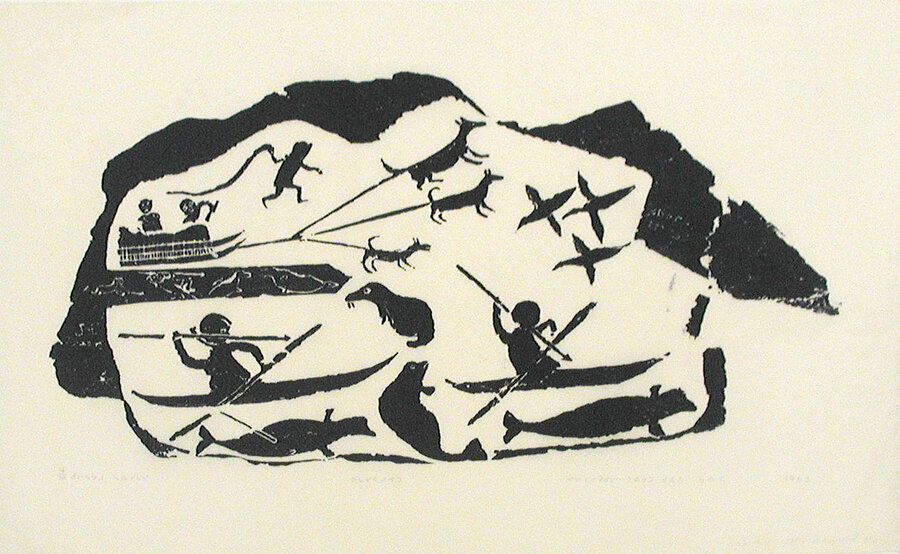 Hunting by Dog Team, Hunting by Kayak 21 x 27 Stonecut 1963 SOLD