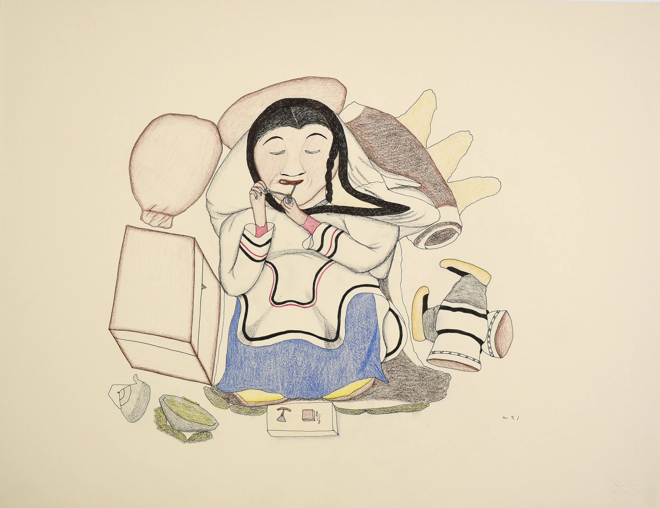  Napachie Pootoogook Untitled (Woman with Tools) 20 x 26 Coloured Pencil, Ink #032-4485 SOLD 