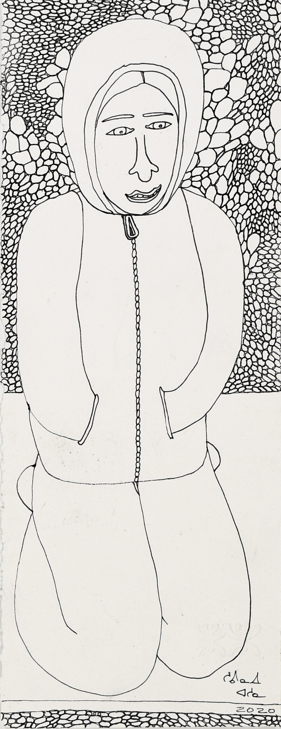  Shuvinai Ashoona Untitled (Kneeling Figure) 14.5 x 5.5 Ink #148-2373 SOLD 