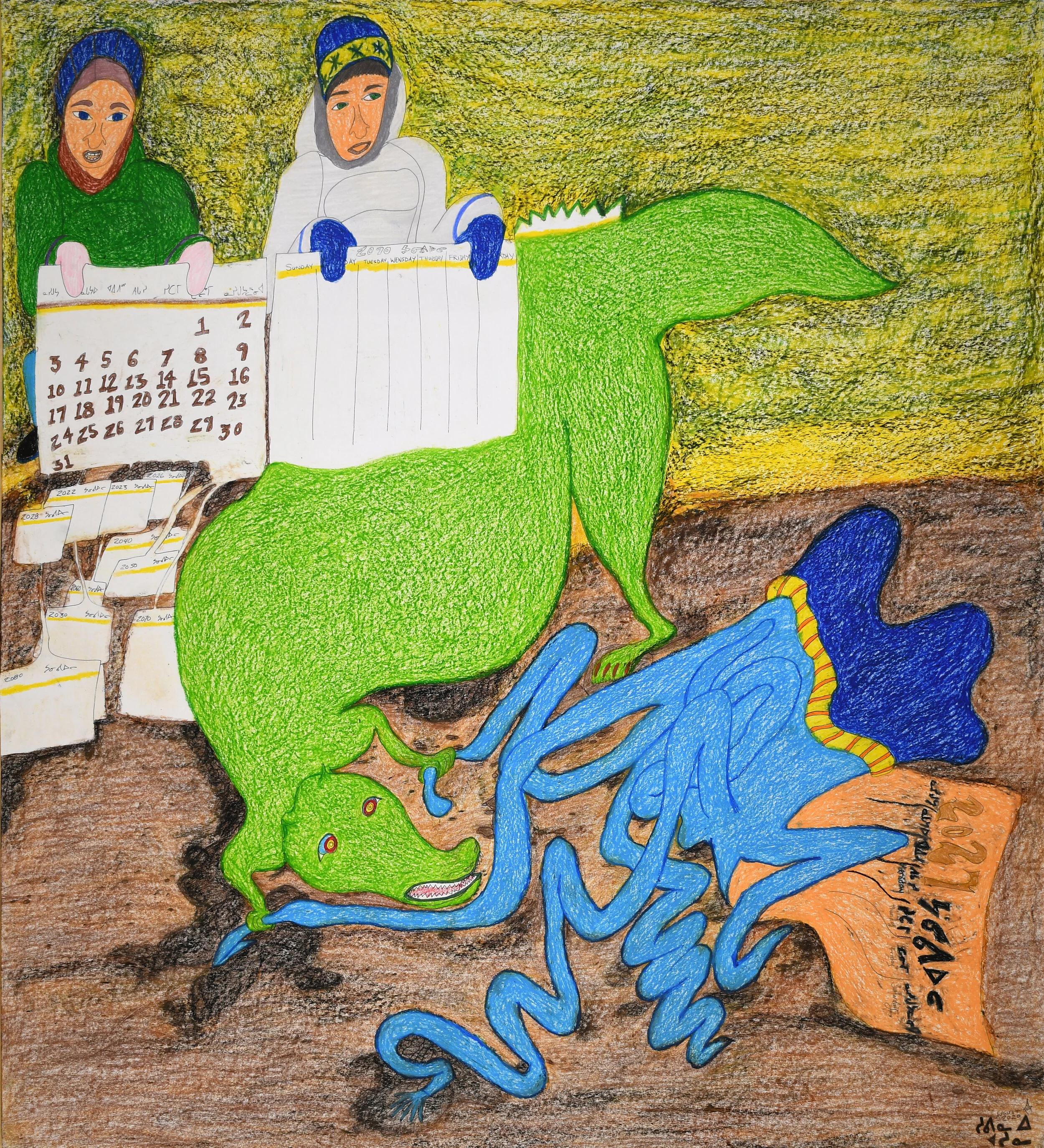  Shuvinai Ashoona Untitled (Figures, Creatures, Calendar, Tentacles) 50.25 x 45.75 Coloured Pencil, Ink #148-2371 $ 7000 
