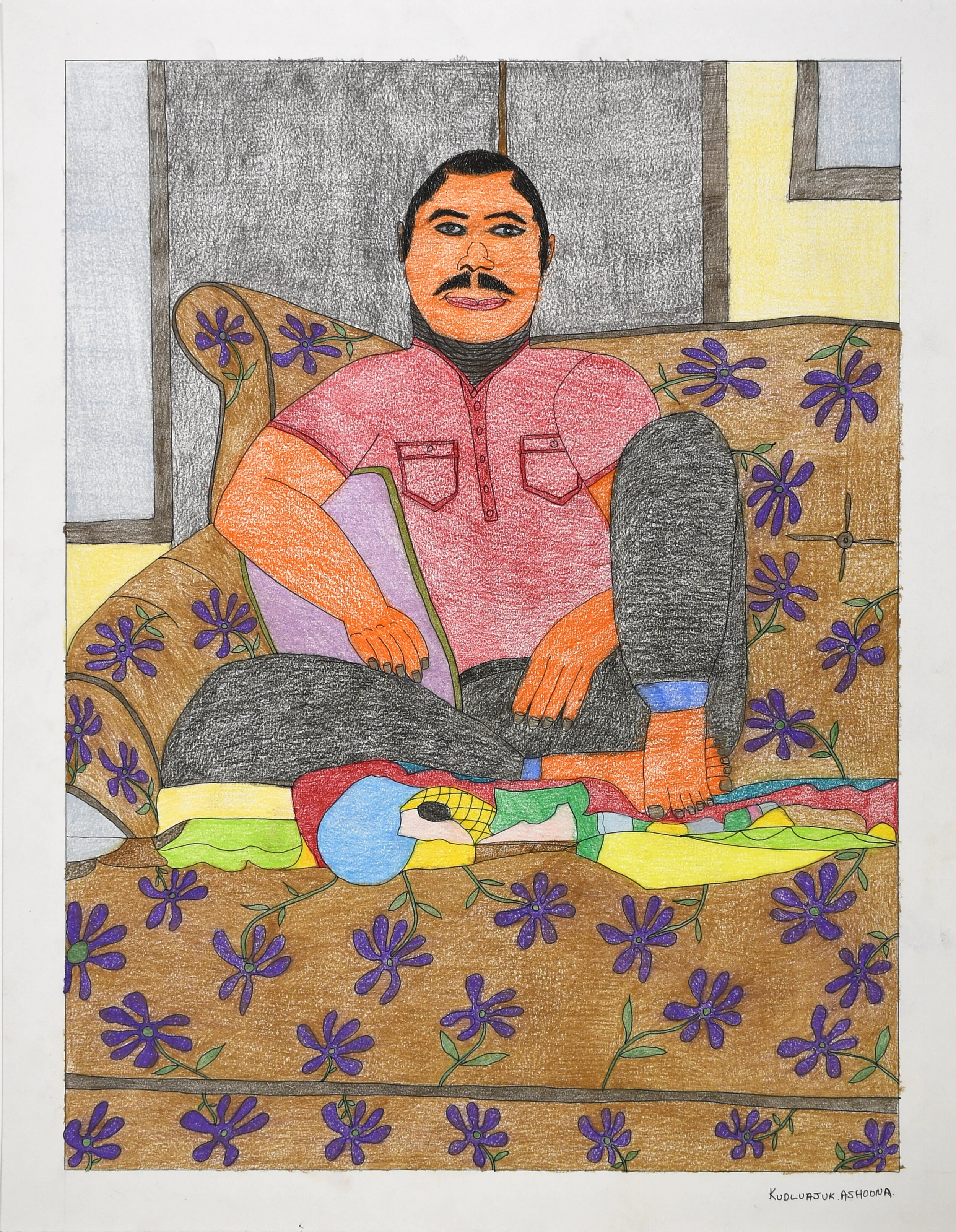  Kudluajuk Ashoona Untitled (Man on Floral Sofa) 25.5 x 19.5 Coloured Pencil, Ink #199-0032 $1050  