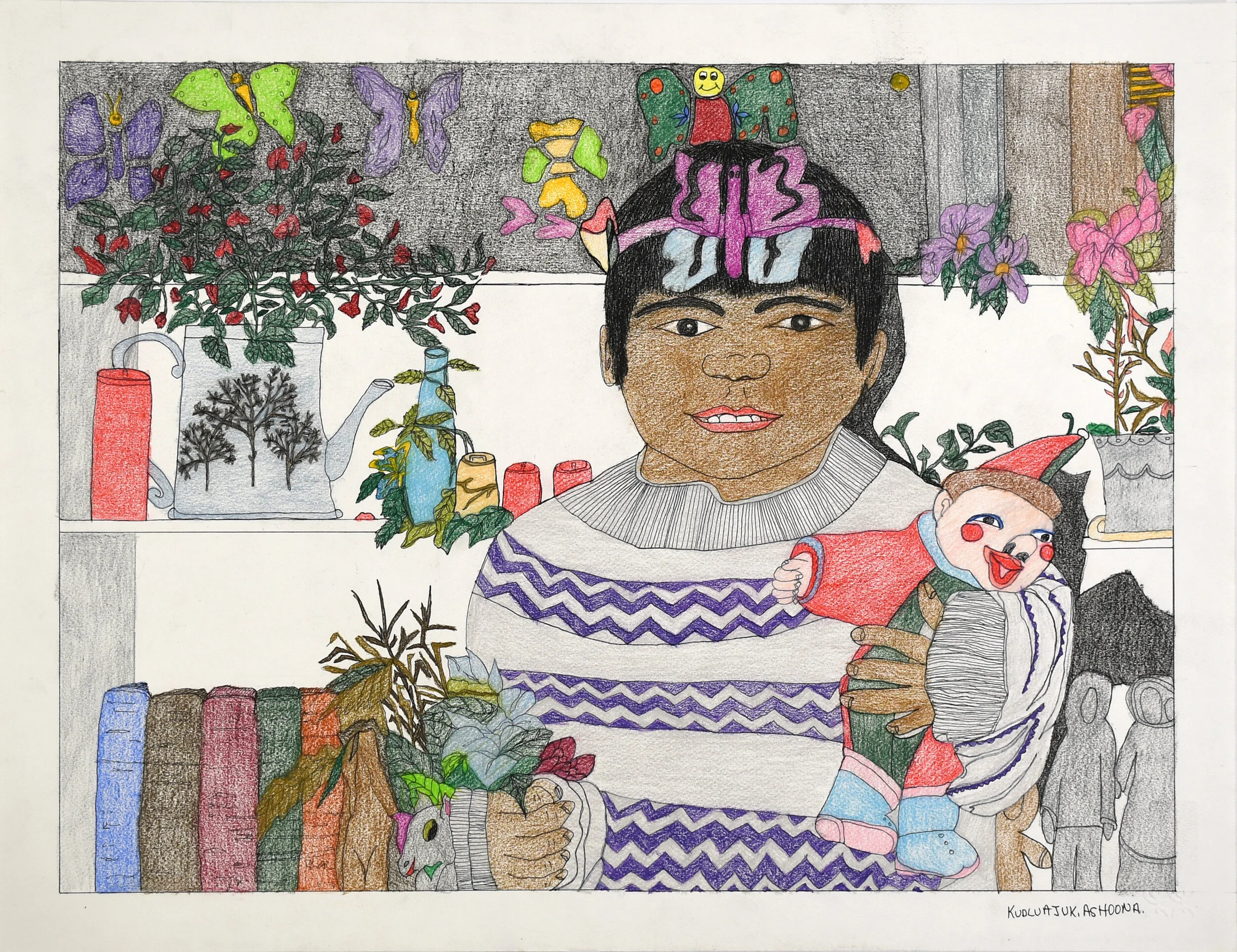  Kudluajuk Ashoona Untitled (Girl with Doll and Flowers) Coloured Pencil, Ink 19.5 x 25.5 #199-0097 SOLD  
