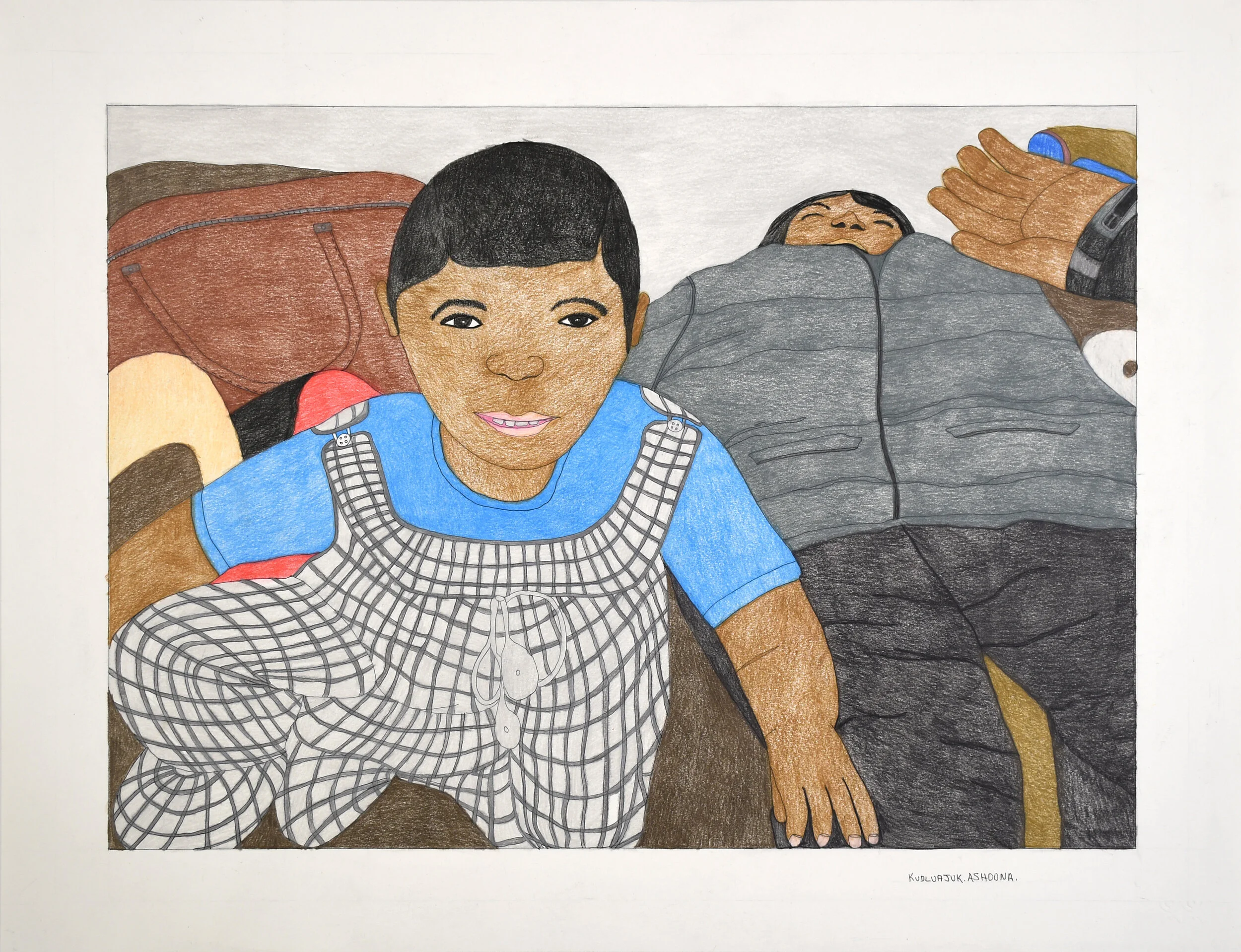  Kudluajuk Ashoona Ottokie Samayualie (Kudlua's son) with His Father in a Tent 23 x 30 Coloured Pencil, Ink #199-0237 $1150  